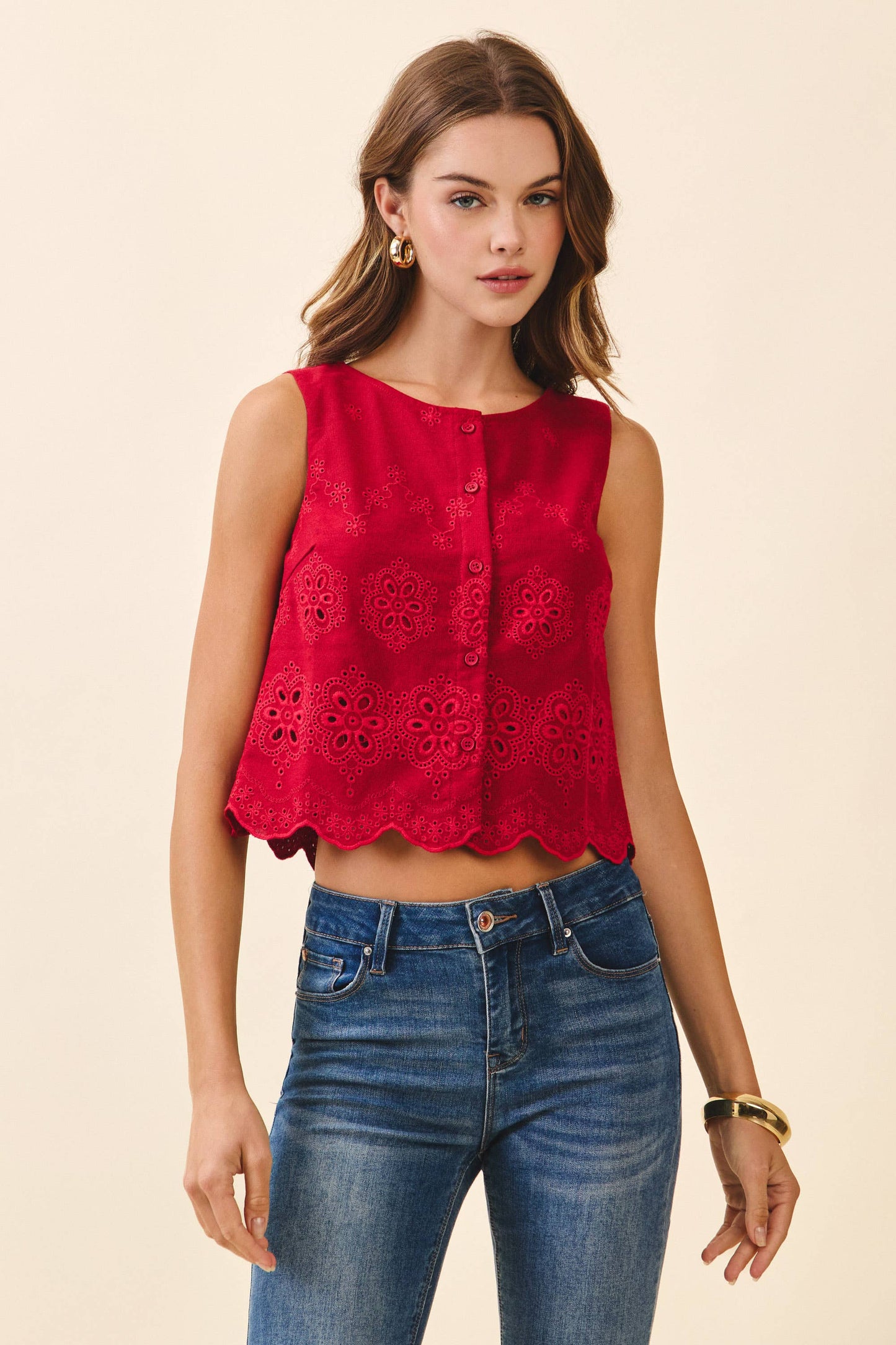 Floral Eyelet Scalloped Hem Crop Top