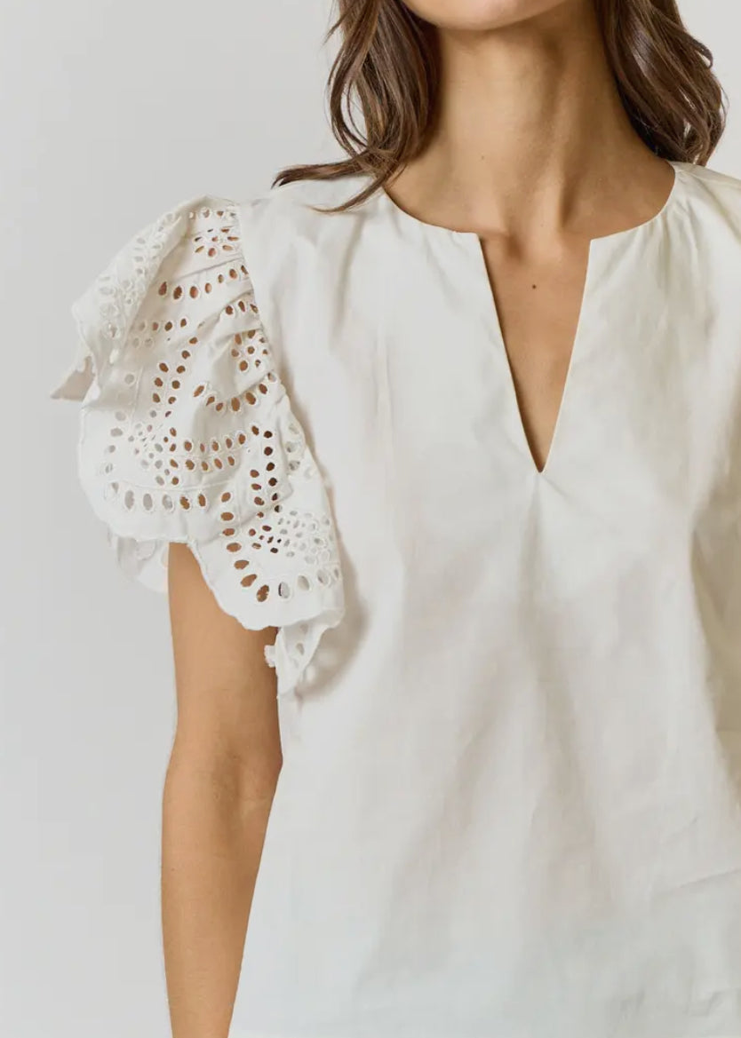 Eyelet Vneck Ruffle Sleeve Top (Size L)