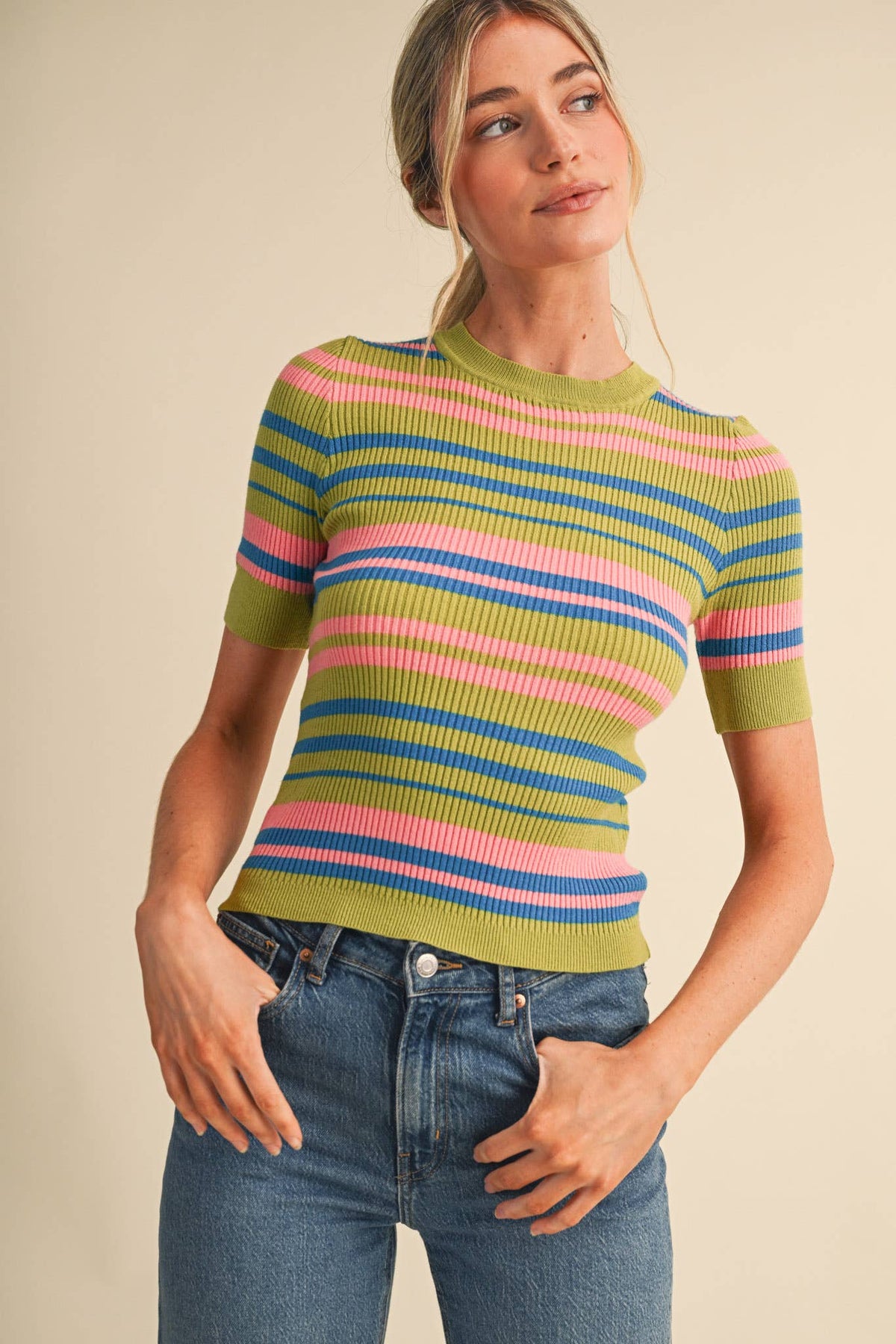 Ribbed Short Sleeve Striped Sweater
