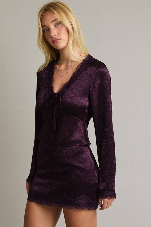 Satin Top & Mini Skirt with Lace Trim