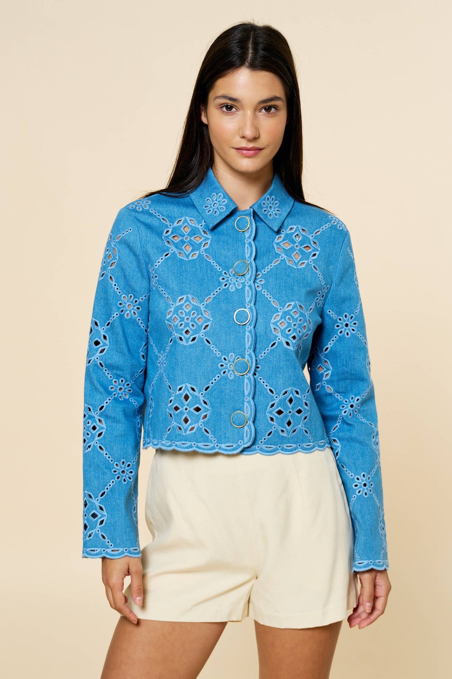 Embroidered Scalloped Button Up Jacket-L