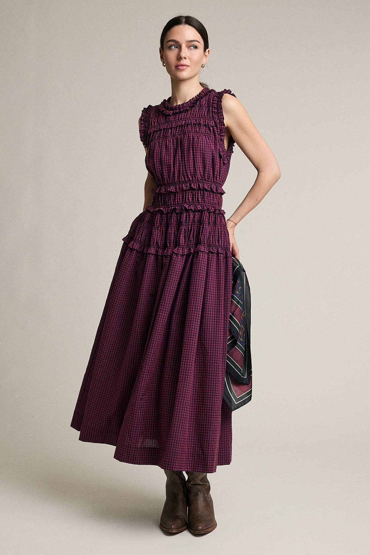Smocked Ruffle Plaid Maxi Dress