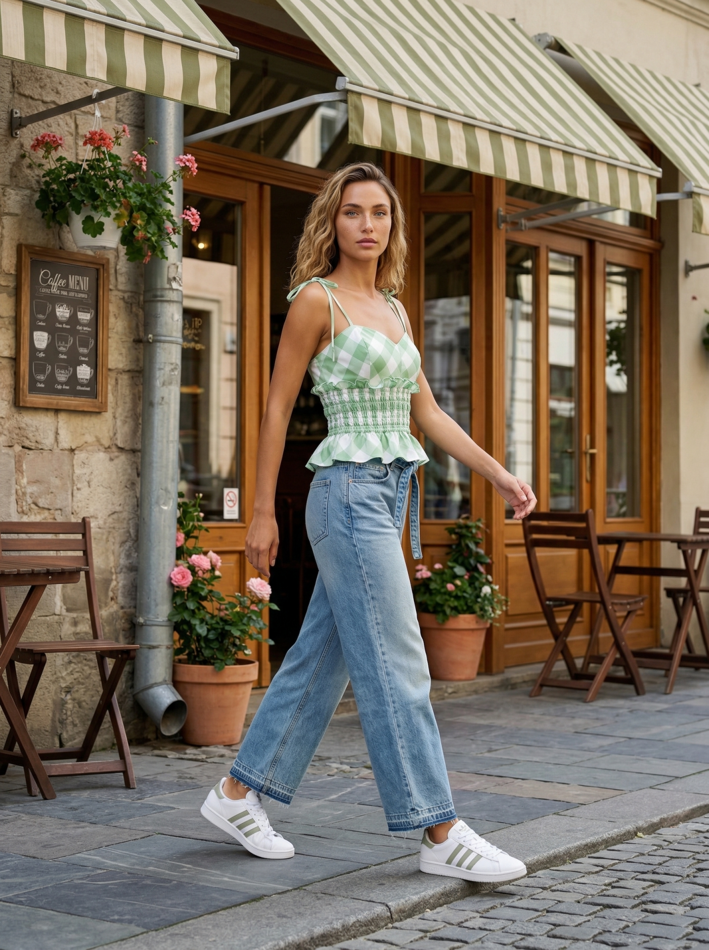 Check Print Smocked Tie Strap Top