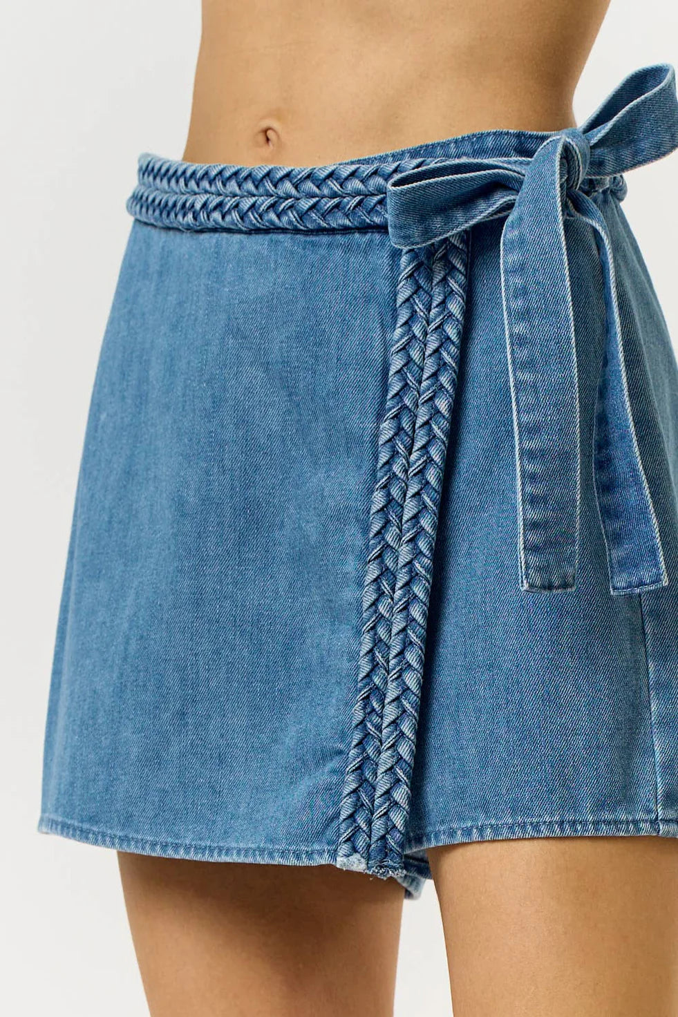 Braided Waist Denim Wrap Skort