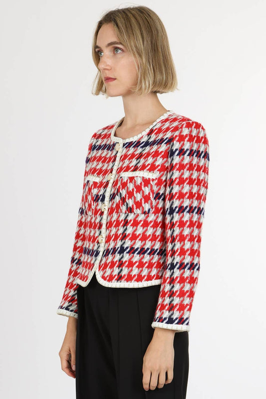 Tricolor Houndstooth Tweed Jacket