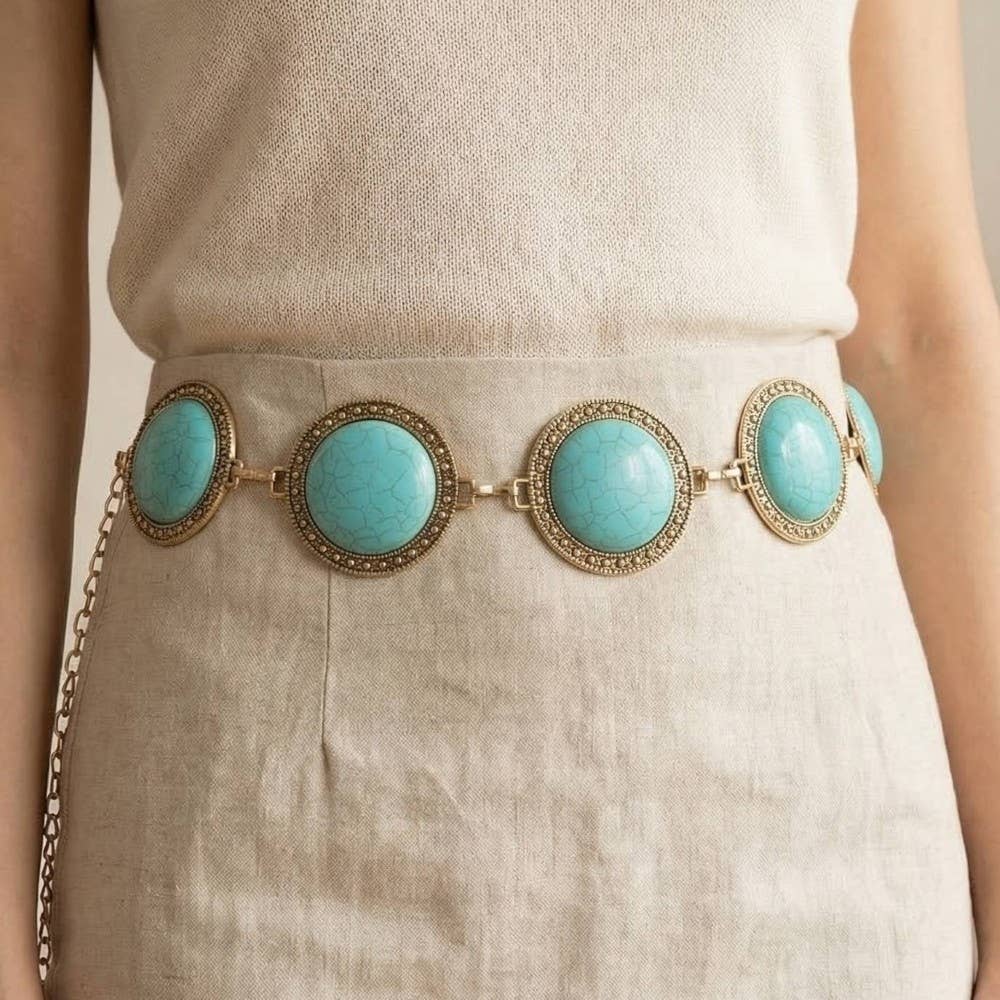 Large Western Concho Round Turquoise Stone Chain Belt