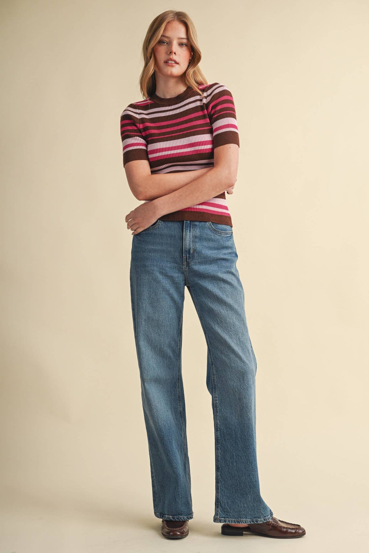 Ribbed Short Sleeve Striped Sweater