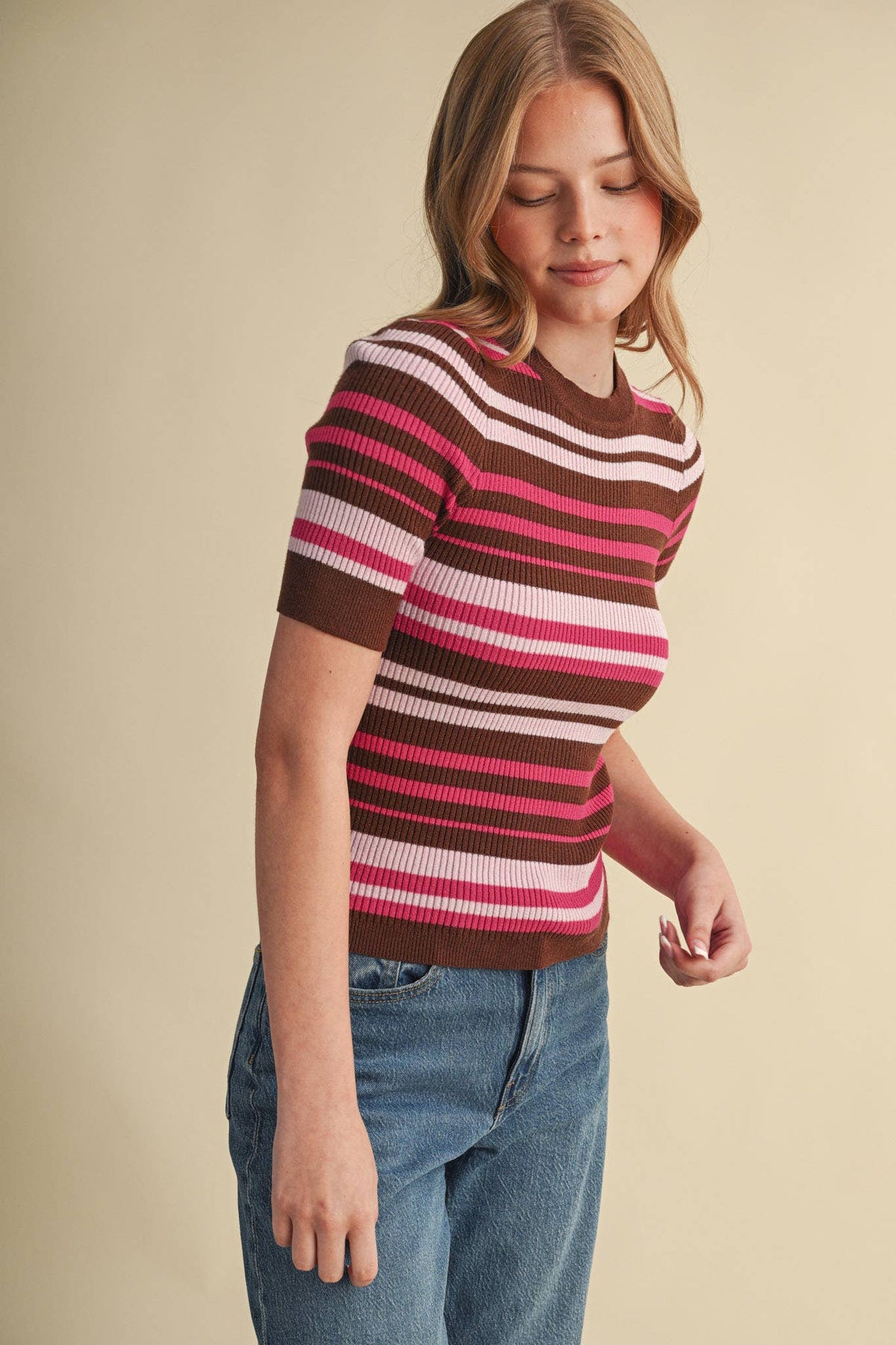 Ribbed Short Sleeve Striped Sweater