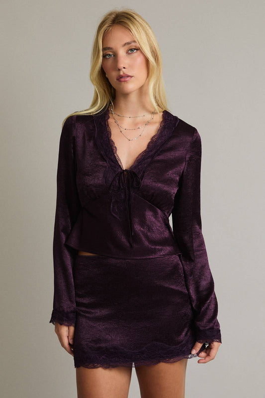 Satin Top & Mini Skirt with Lace Trim