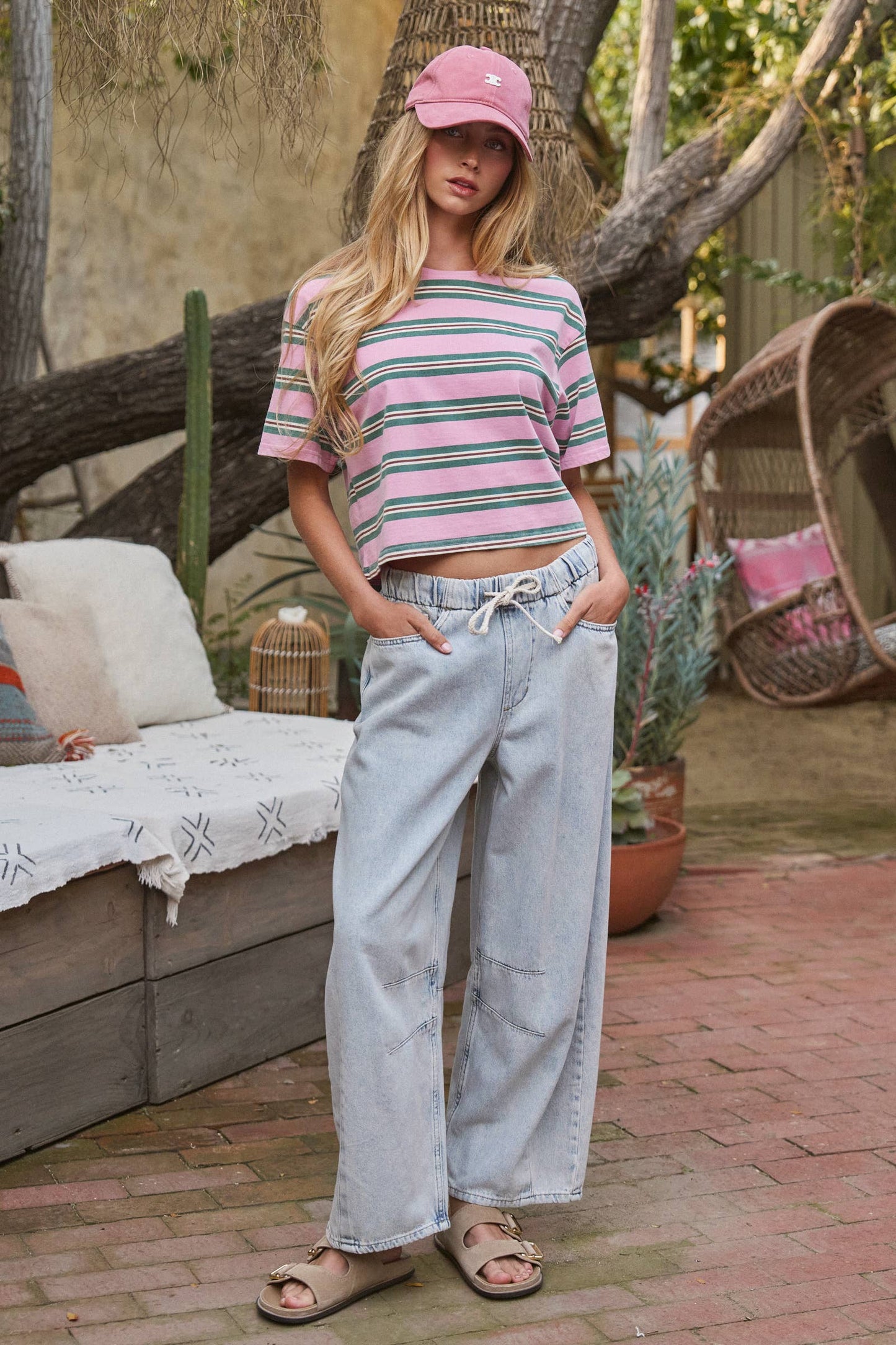 Vintage Washed Striped Cotton Crop Tee