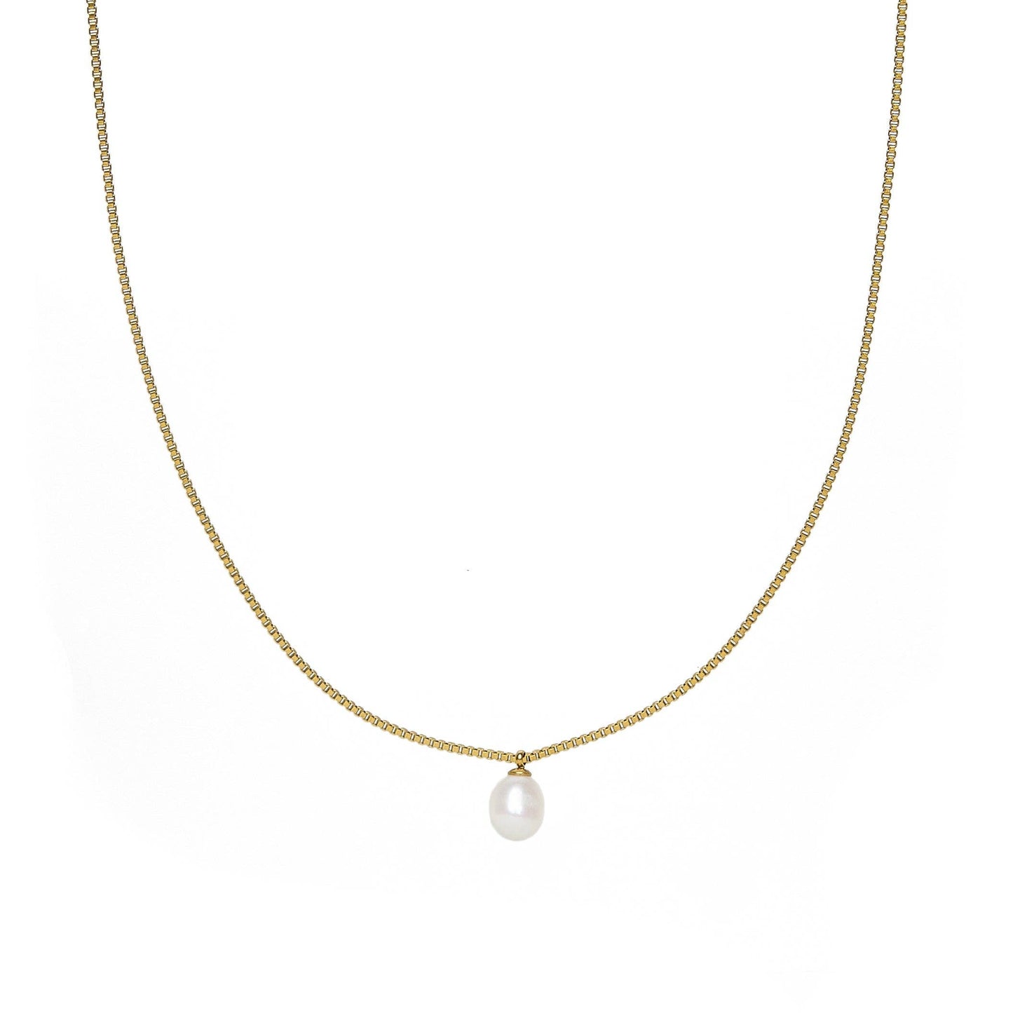 Gold Box Chain Pearl Necklace