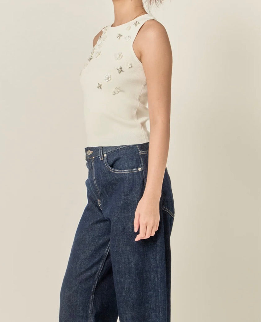 Sequin Rhinestone Flower Top