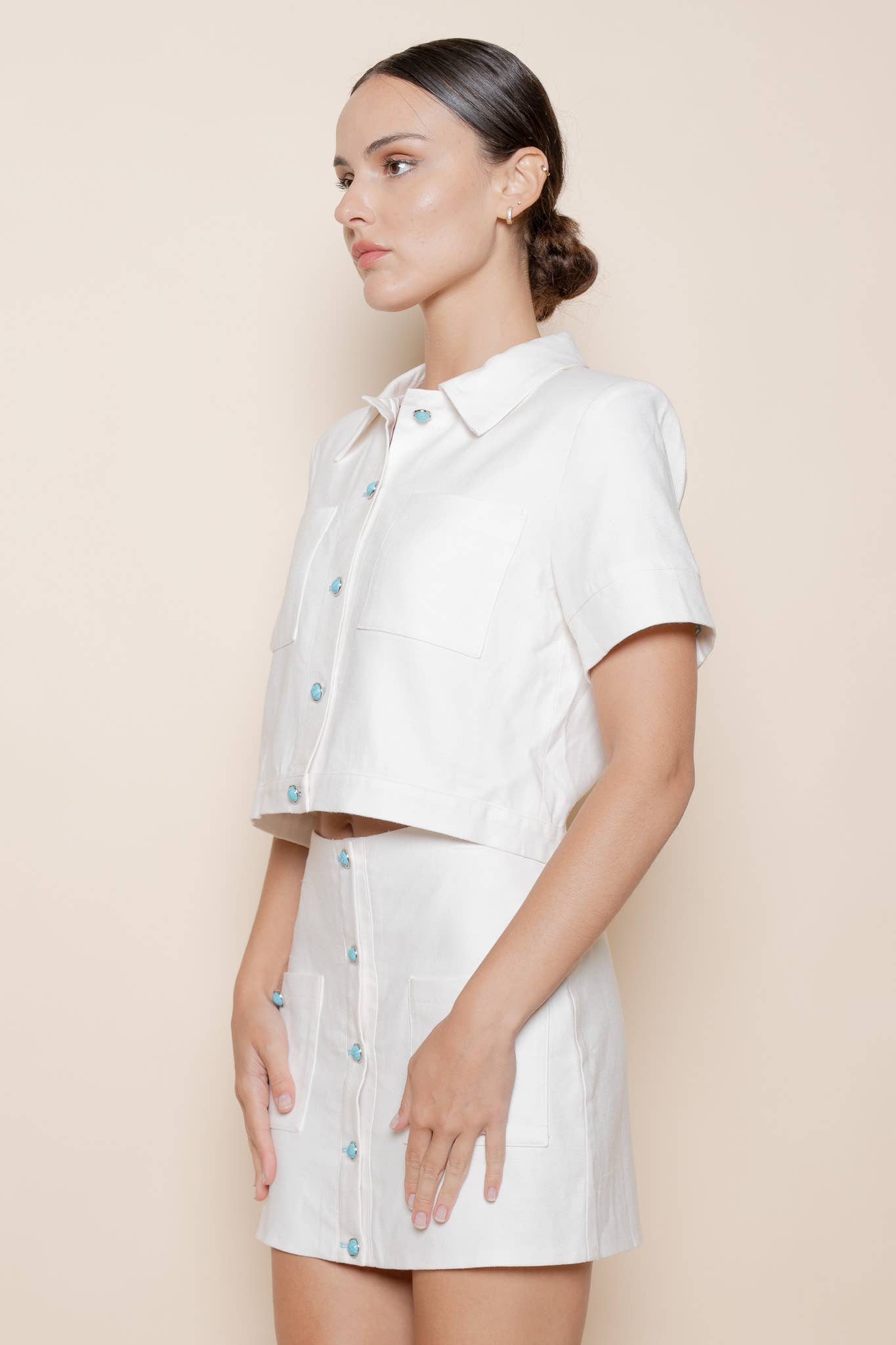 White With Turquoise Button Up