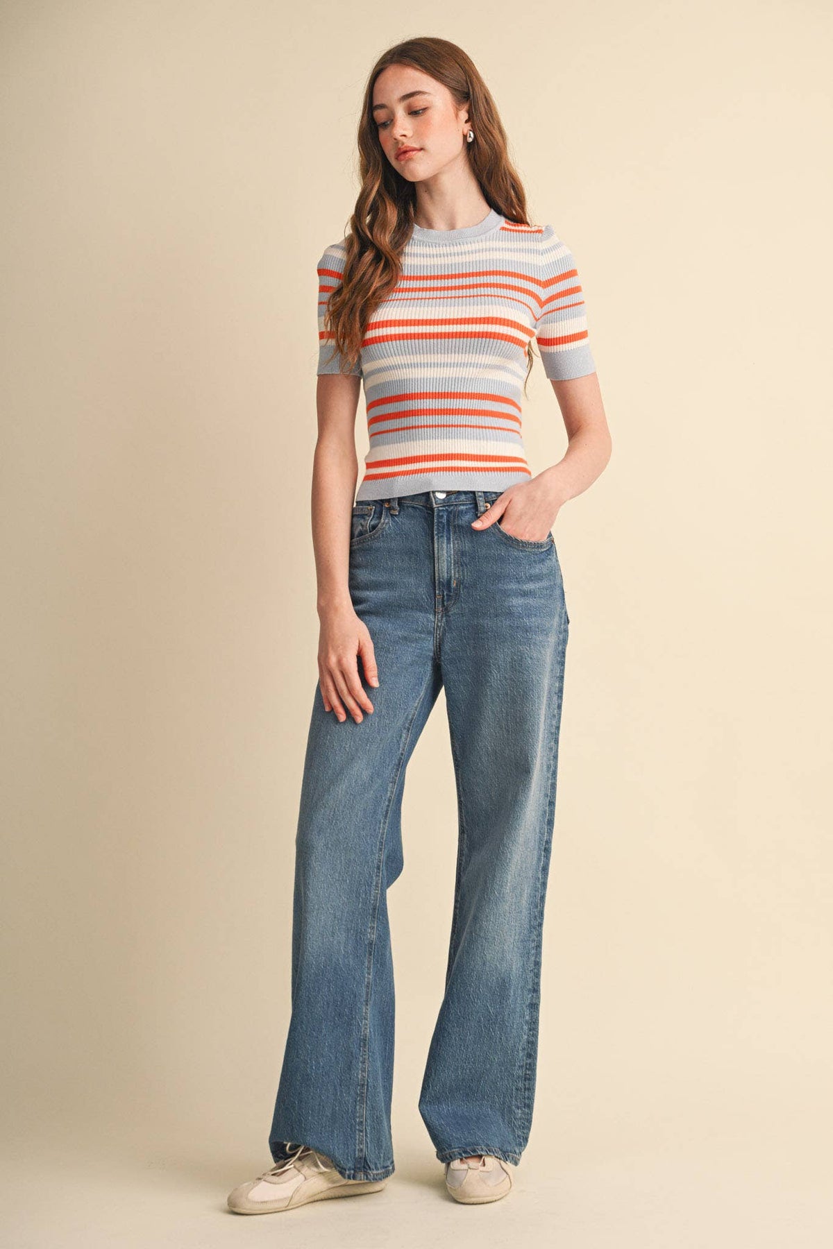 Ribbed Short Sleeve Striped Sweater