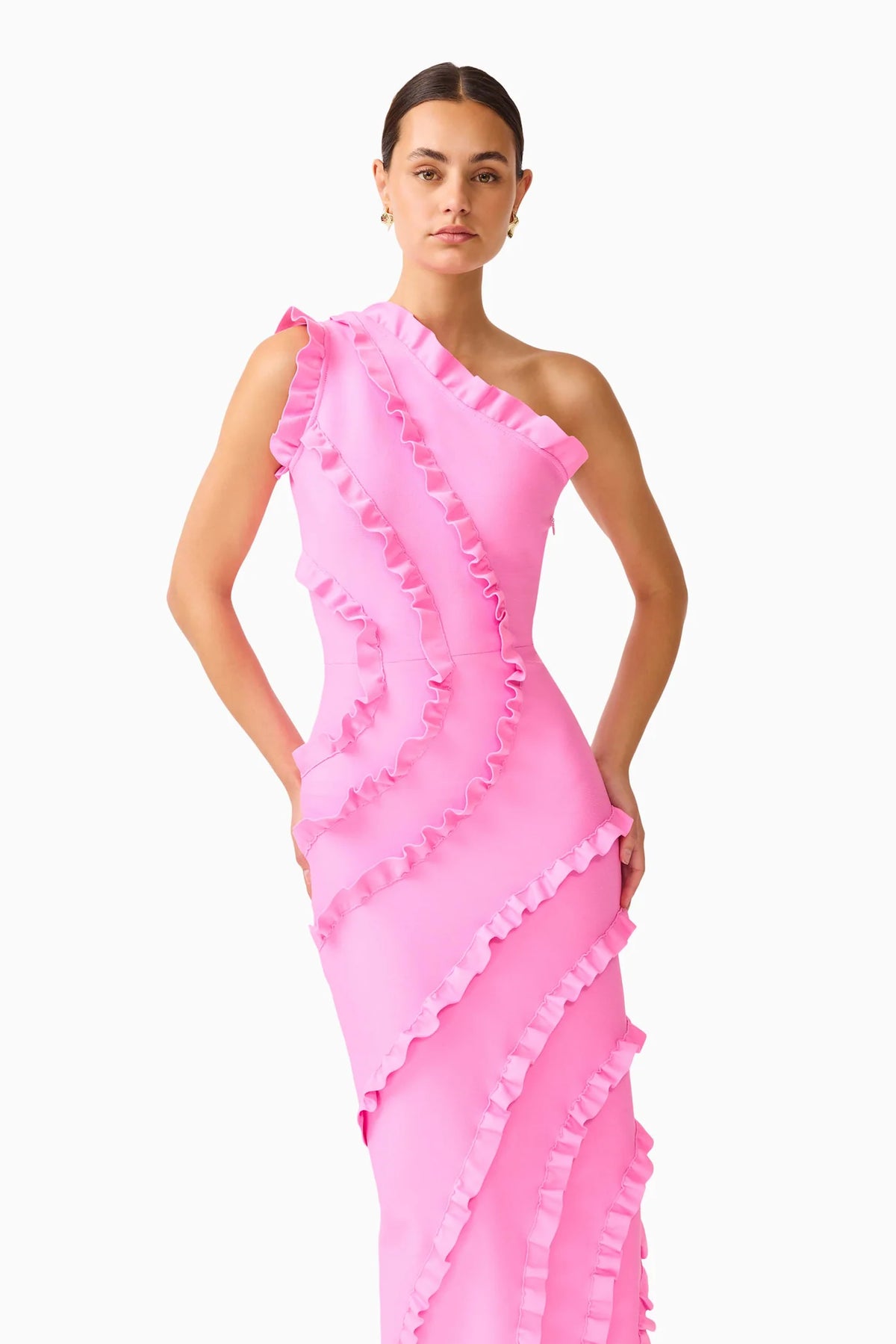 Elliatt Orelia Asymmetrical Ruffle Gown in Candy Pink