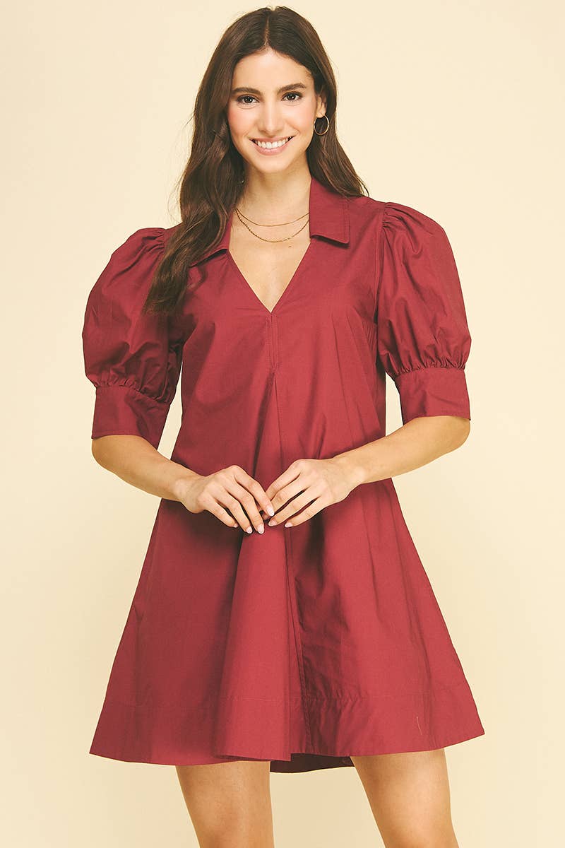 Puff Sleeve V Neck Mini Dress