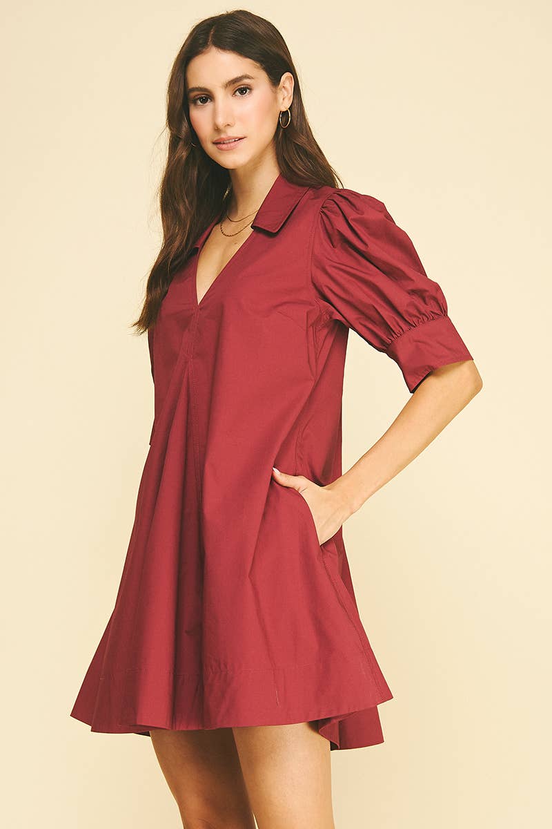 Puff Sleeve V Neck Mini Dress