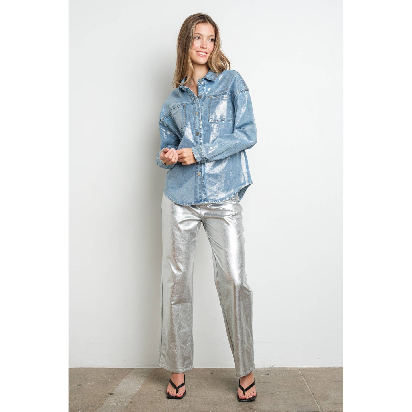 Metallic Foil Button Up Long Sleeve Denim Shirt