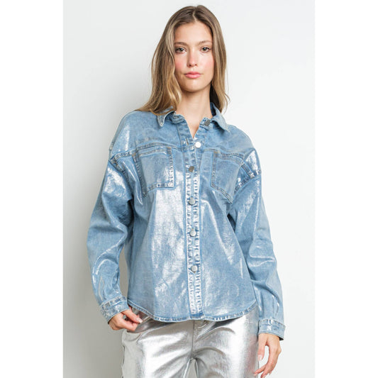 Metallic Foil Button Up Long Sleeve Denim Shirt