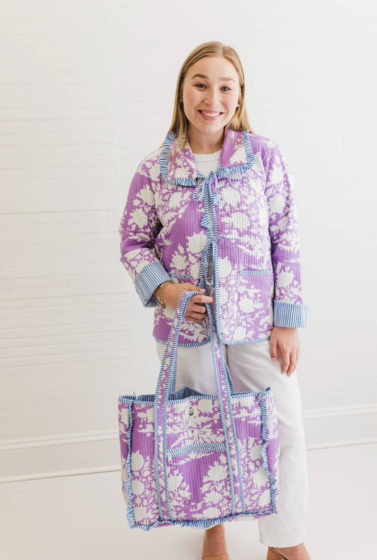 Lilac Blossoms Quilted Block Print Ruffle Bow Jacket-XS