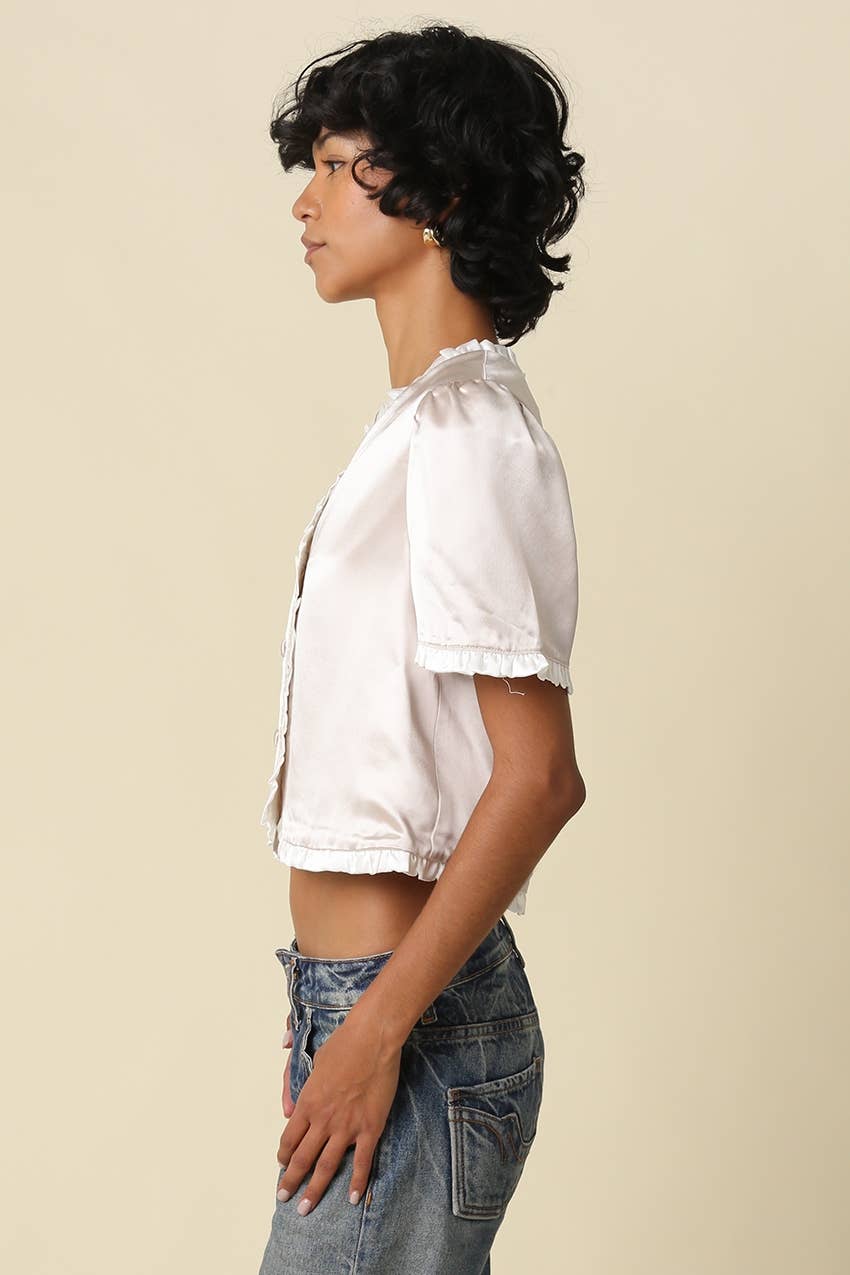 Etta Satin Ruffle Trim Blouse