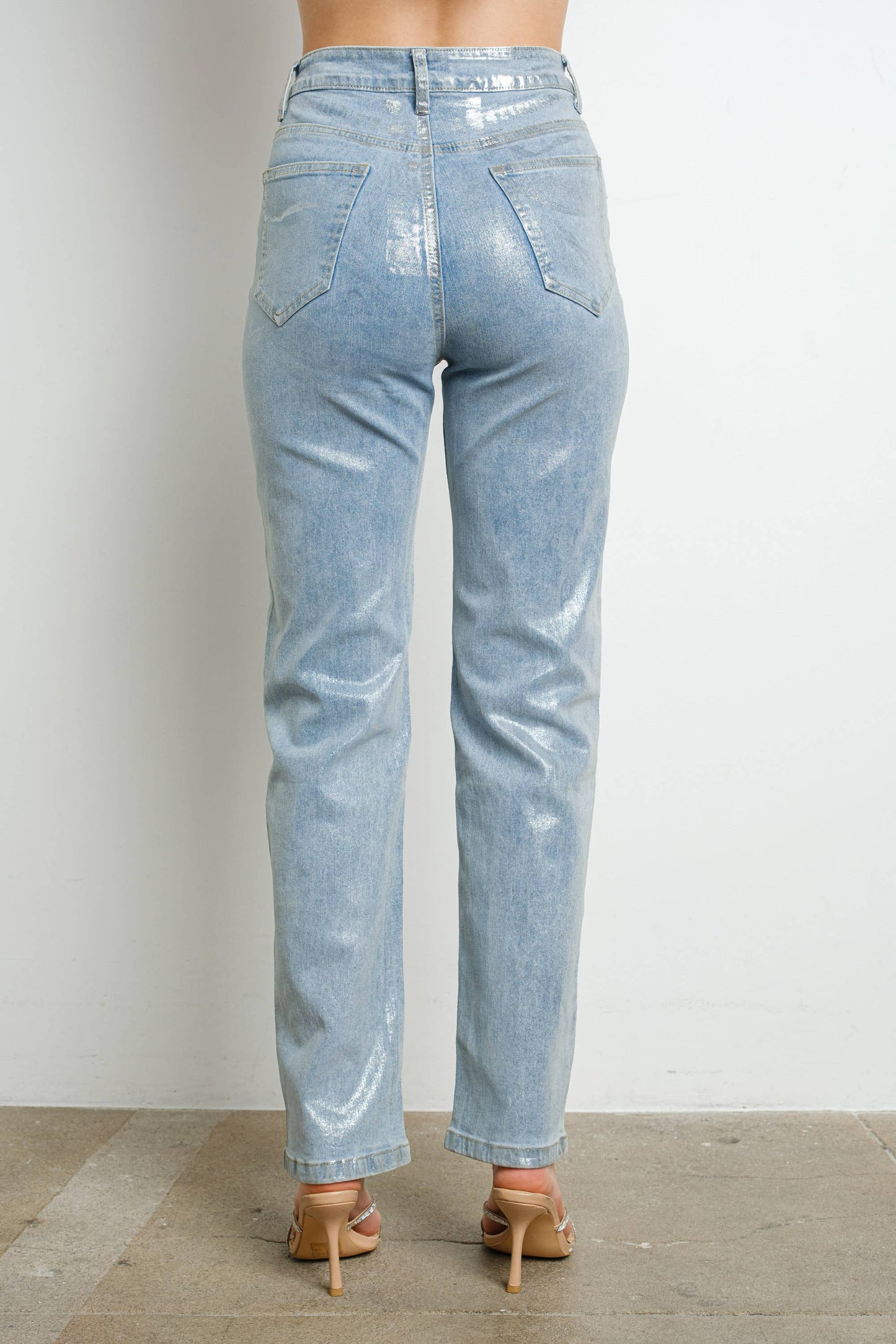 High Rise Metallic Foil Stretch Denim Pants