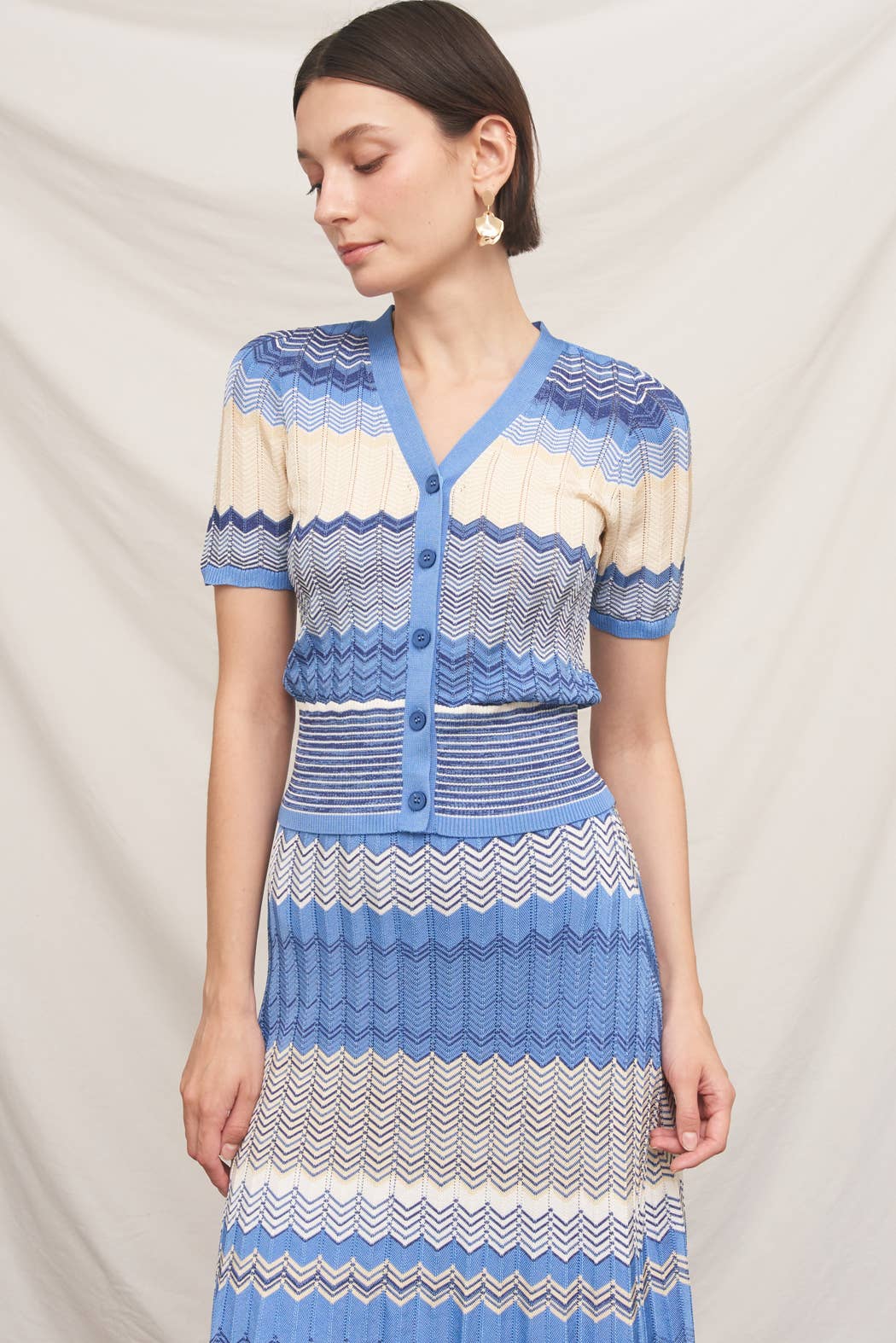 Chevron Pointelle Knit Button Down Short Sleeve Top