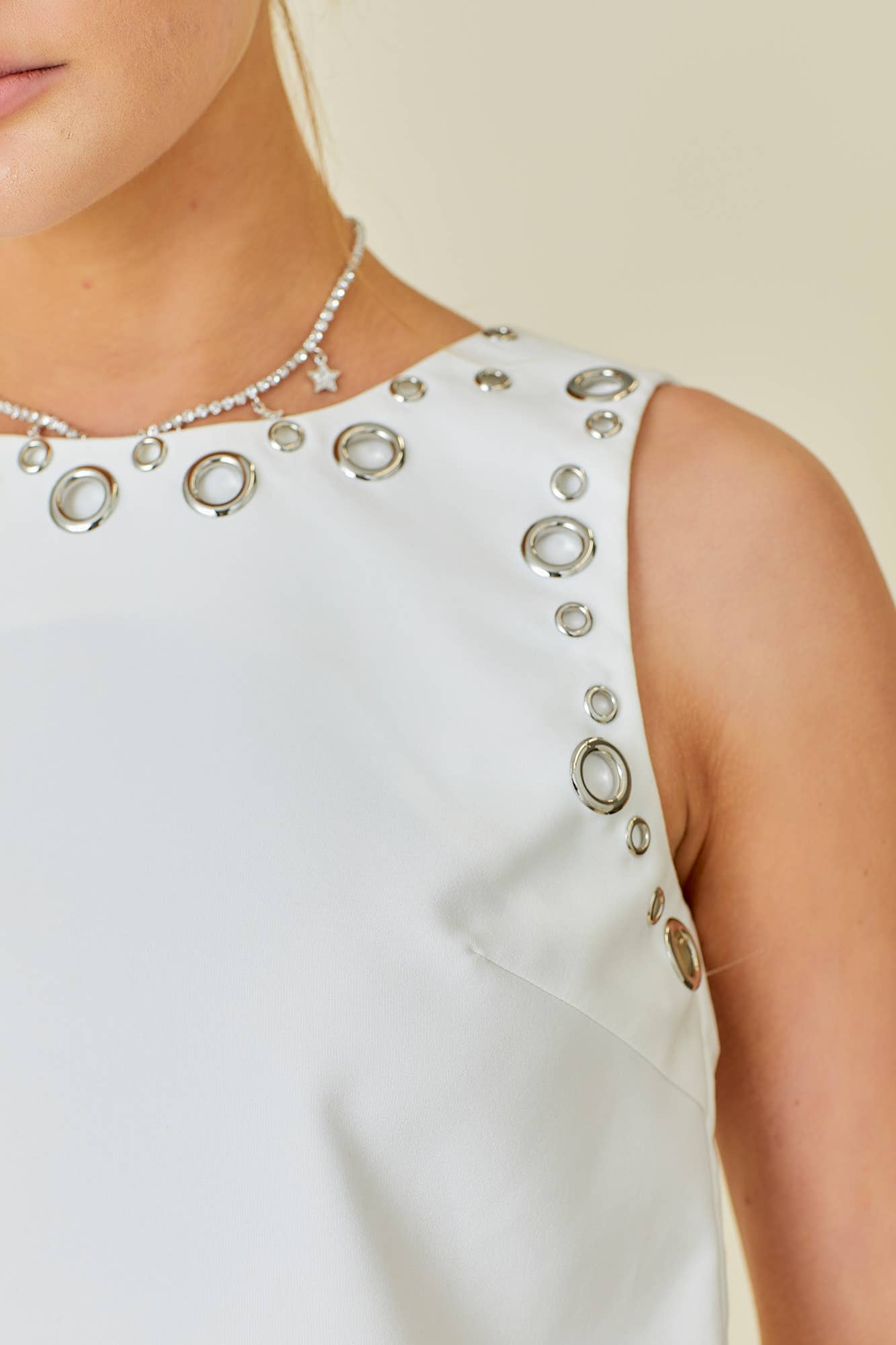 Round Neck Silver Eyelet Solid Top