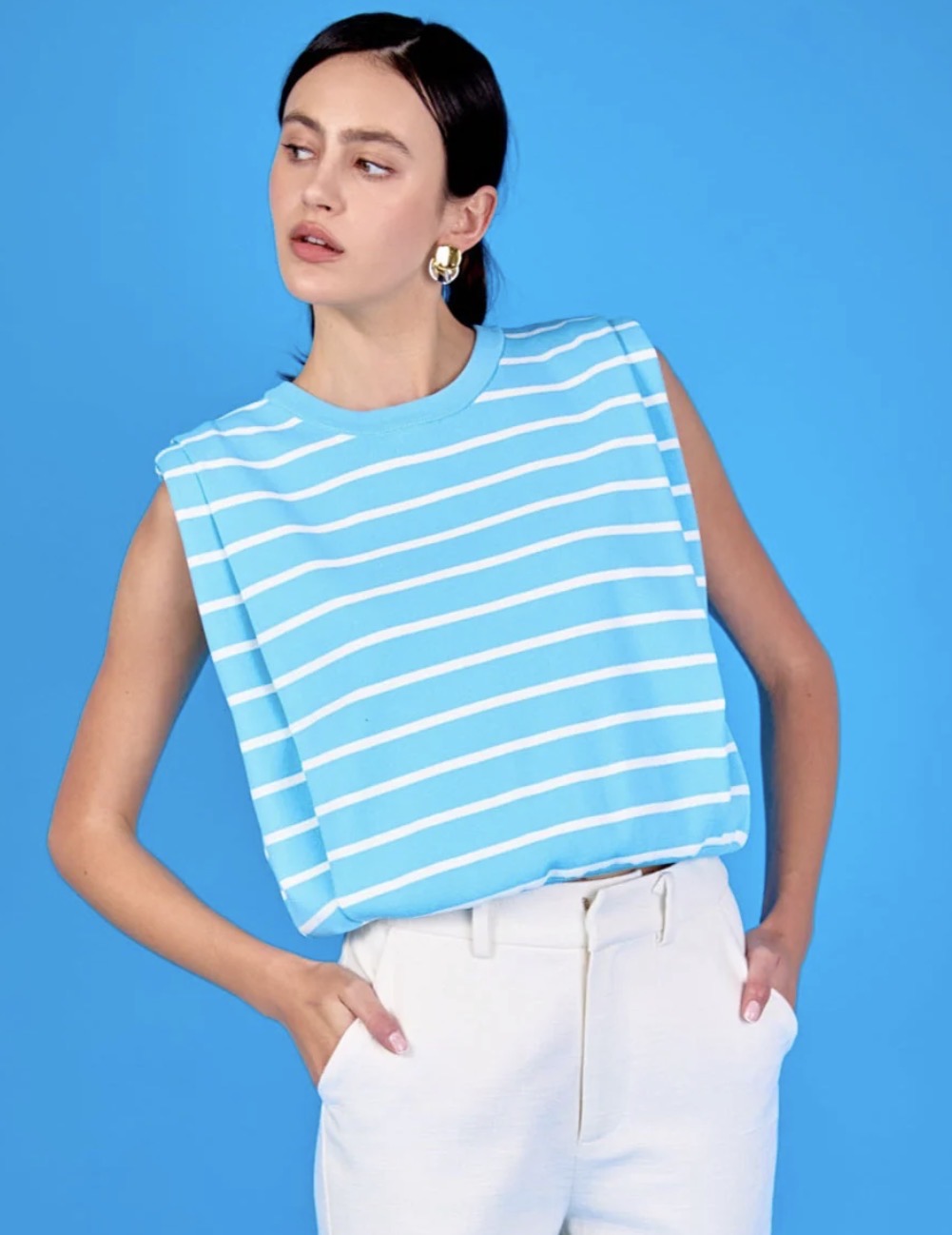 Stripe Sleeveless Pleated Knit Top-L
