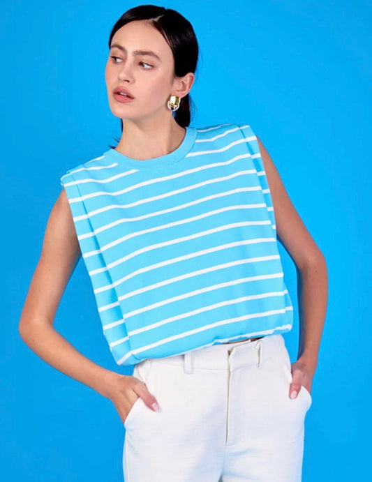 Stripe Sleeveless Pleated Knit Top