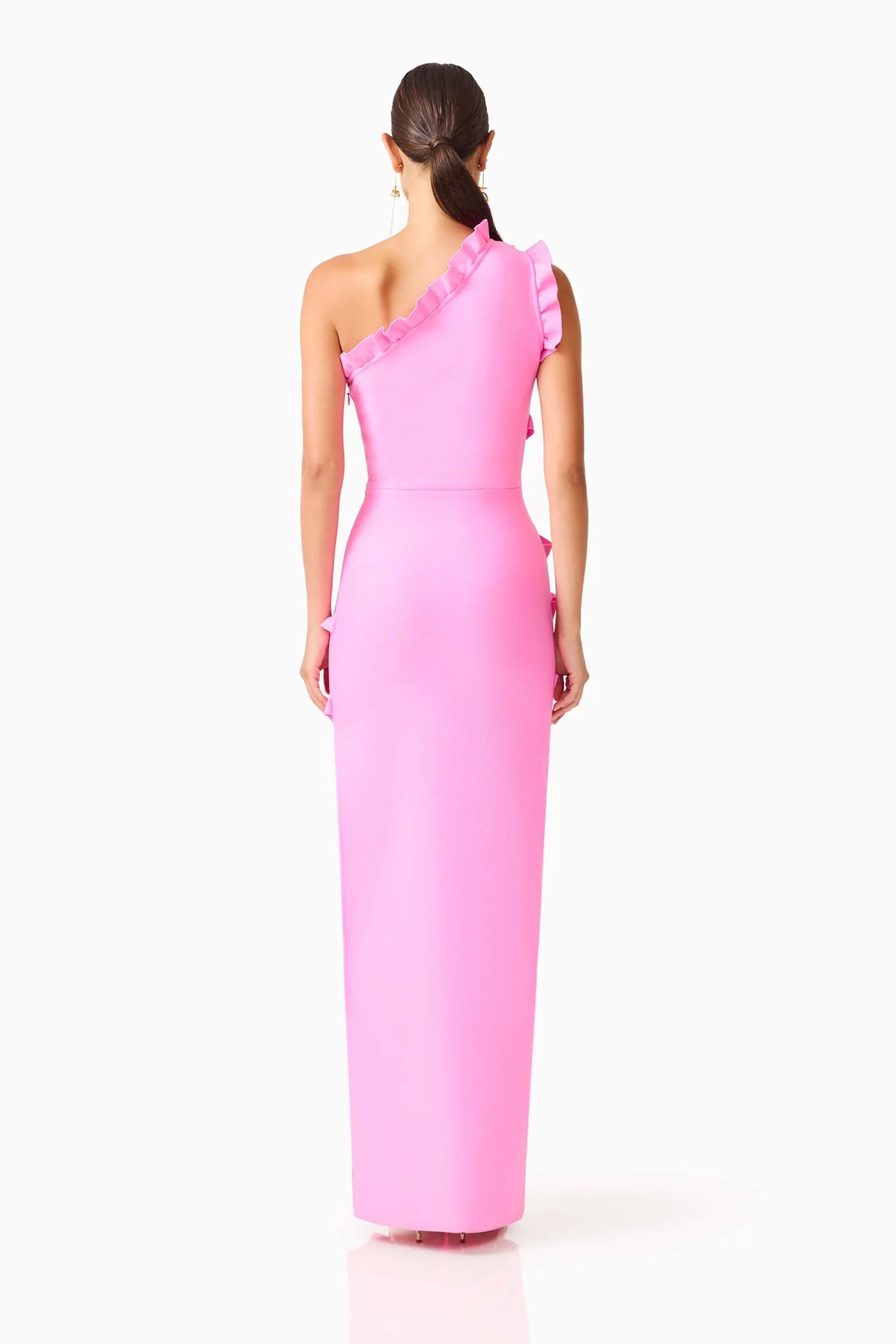 Elliatt Orelia Asymmetrical Ruffle Gown in Candy Pink