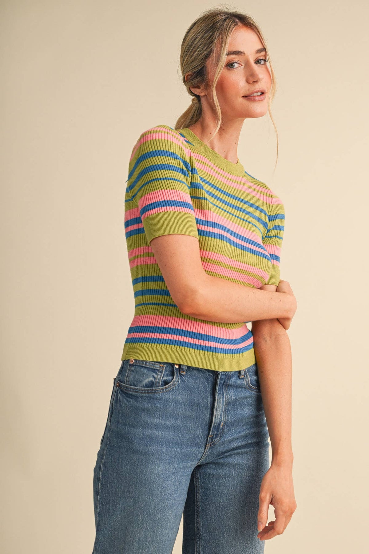 Ribbed Short Sleeve Striped Sweater