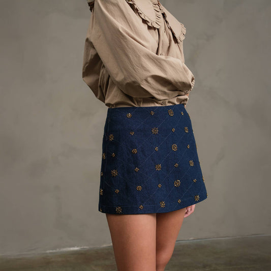 Embellished Quilted Denim Mini Skort