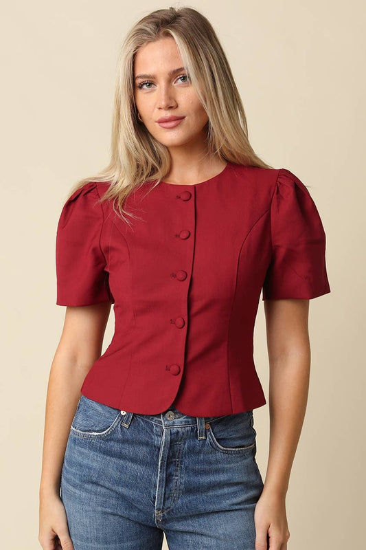 Cora Puff Sleeve Button-Front Blouse