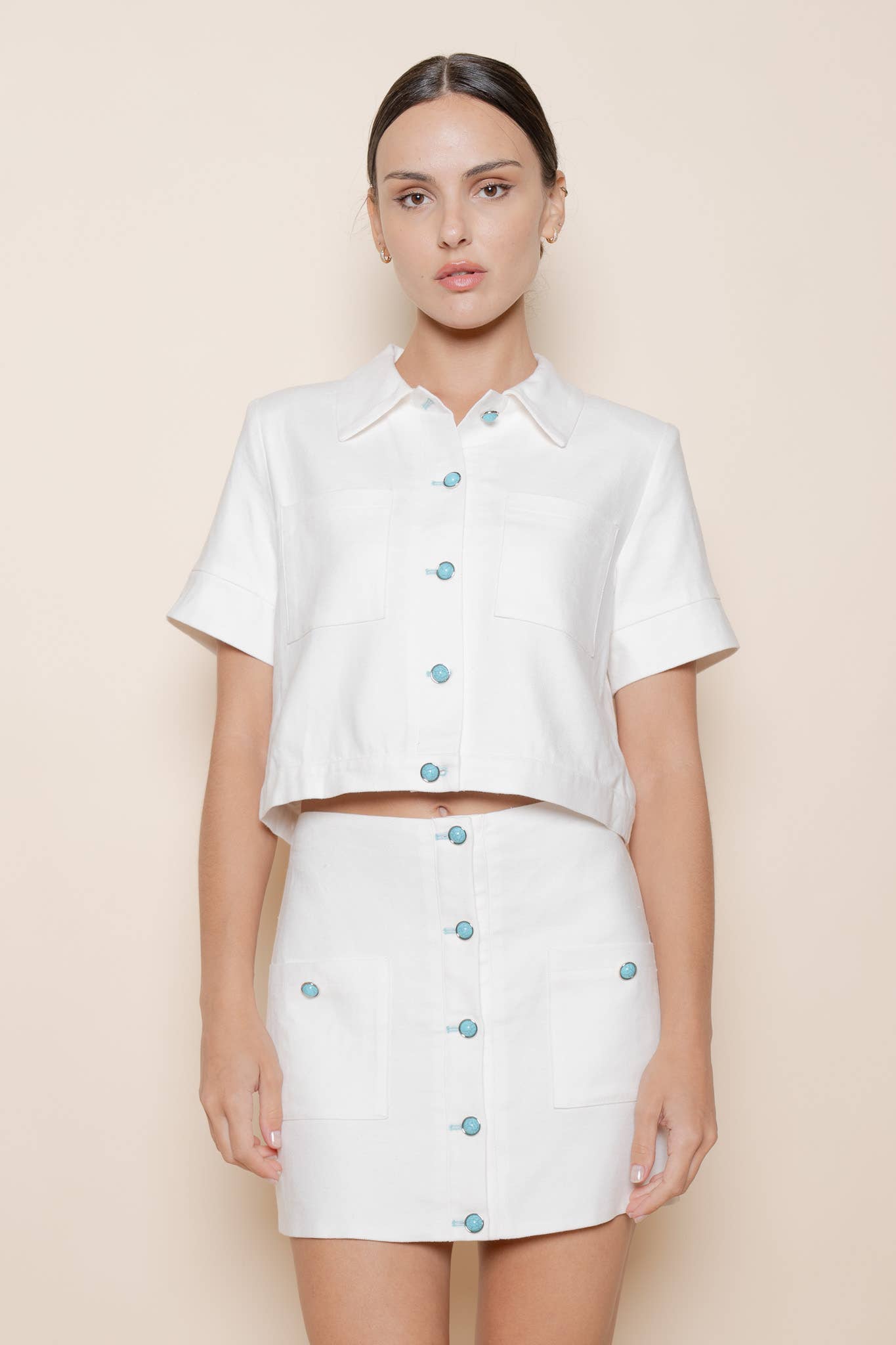 White With Turquoise Button Up