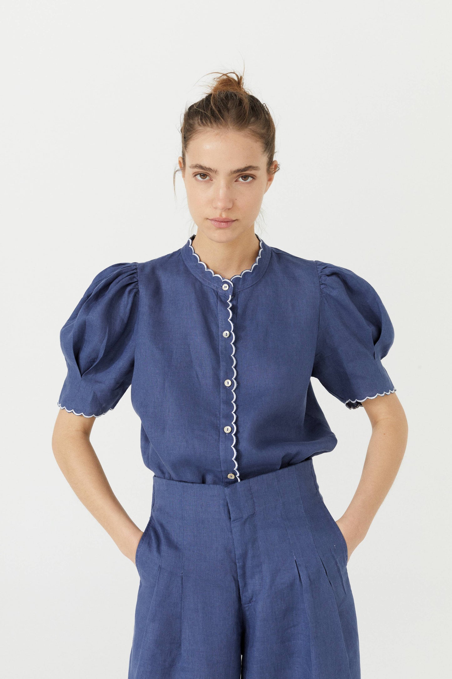 Scallop Linen Shirt - Deep Blue