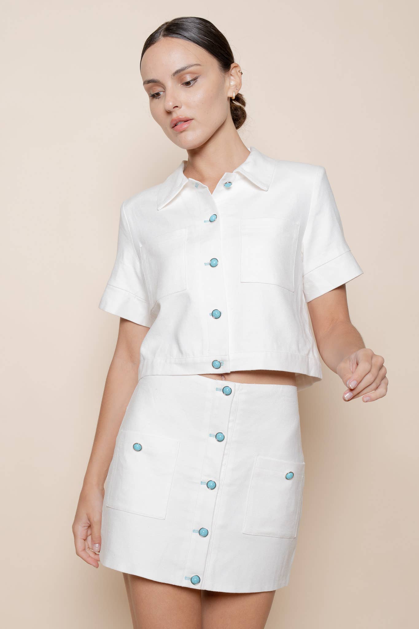 White With Turquoise Button Up