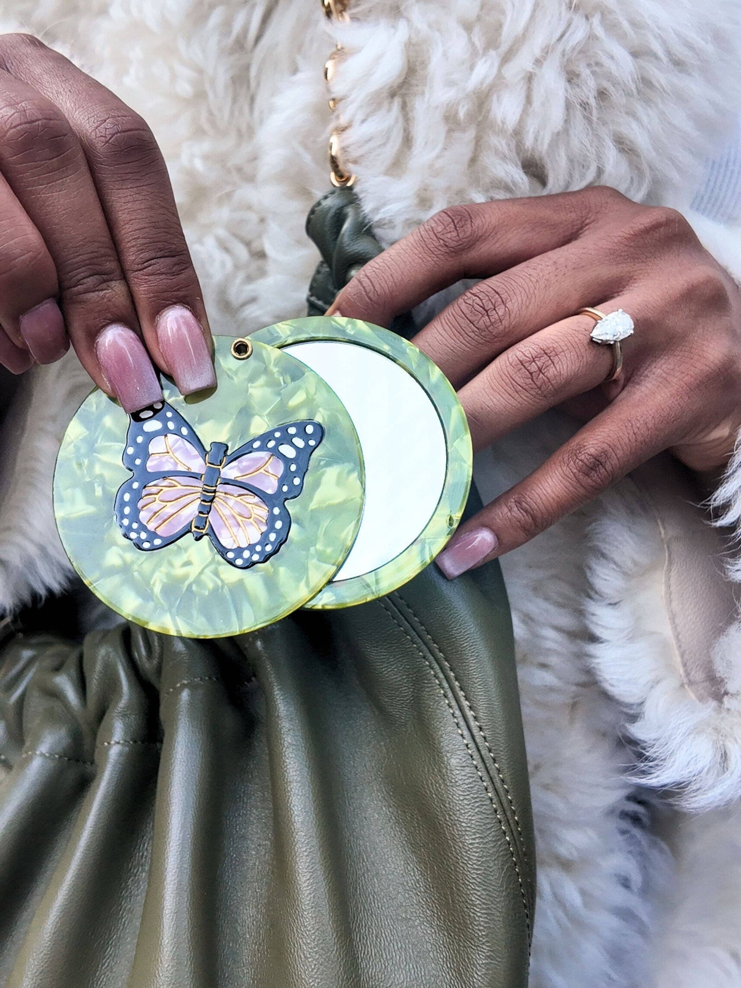 Hand-painted Pink Butterfly Compact Mirror | Eco-Friendly