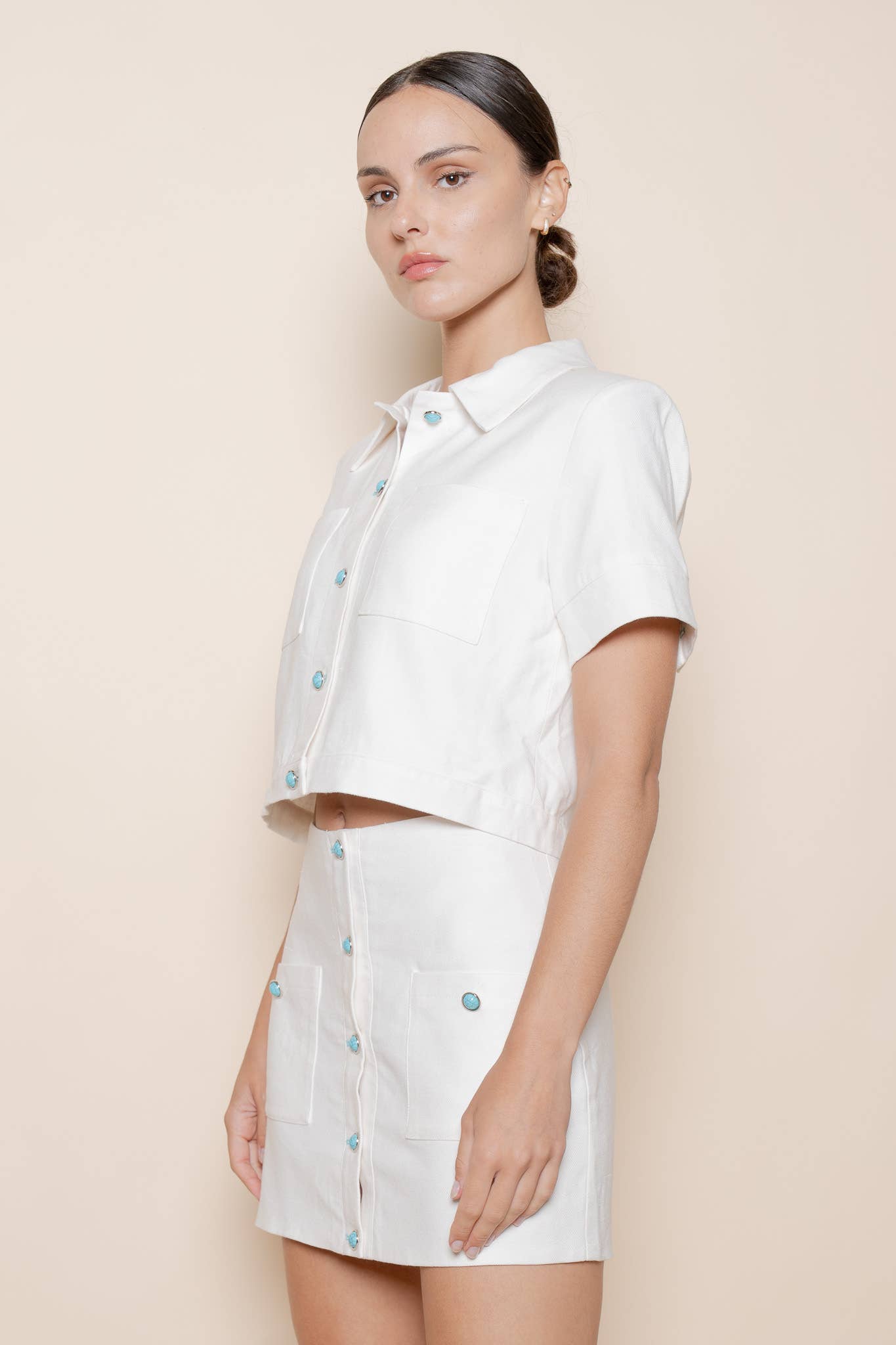 White With Turquoise Button Up