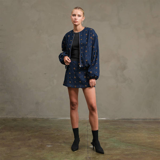 Embellished Quilted Denim Bomber Jacket