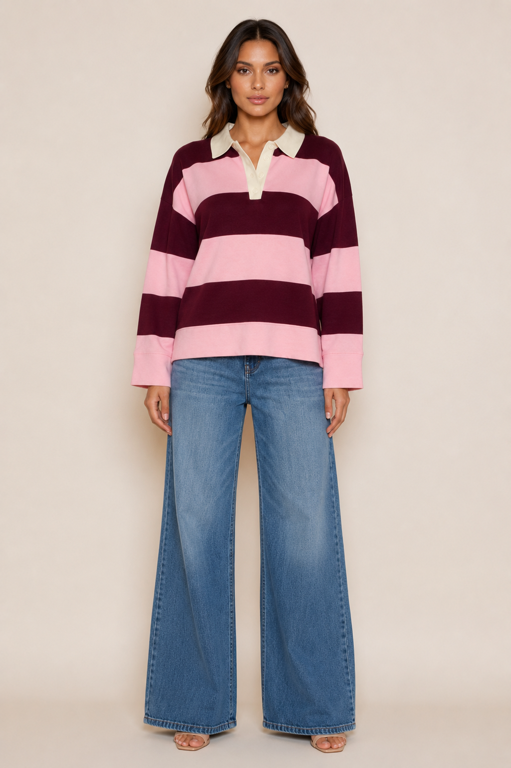 LONG SLEEVE STRIPE POLO SWEATER -