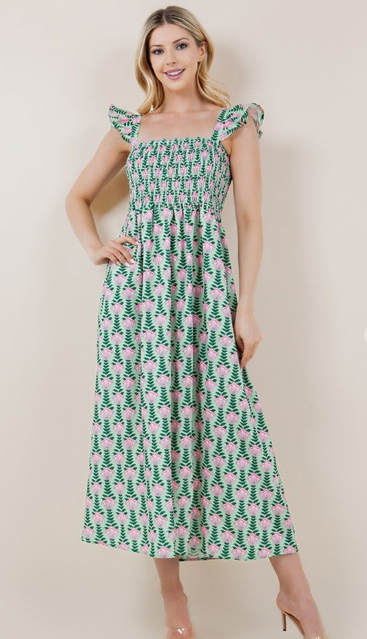 Block Print Smocked Dress