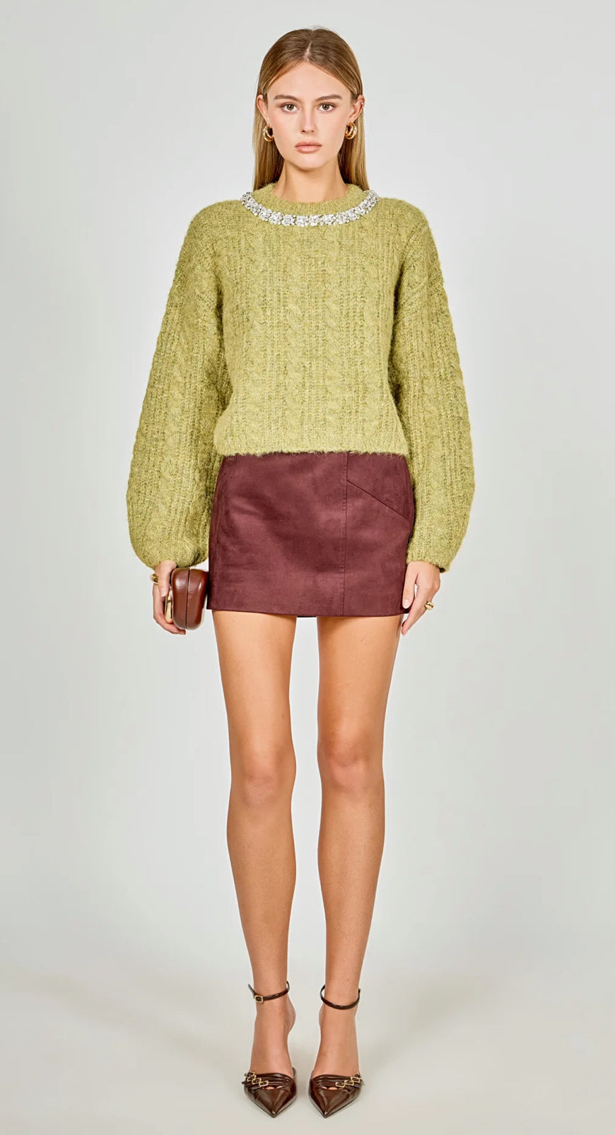 Chartreuse Fuzzy Jeweled Sweater
