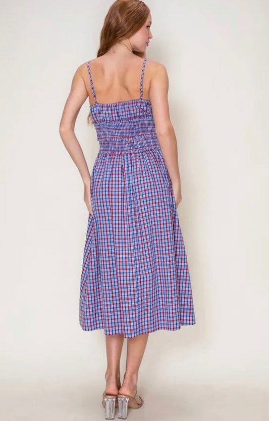 Smocked Waist Gingham Midi Dress