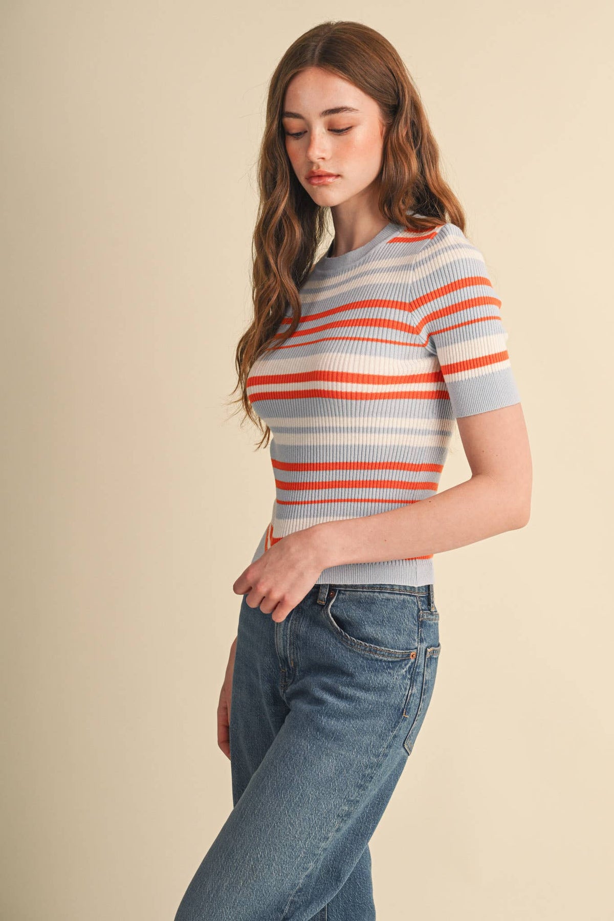 Ribbed Short Sleeve Striped Sweater