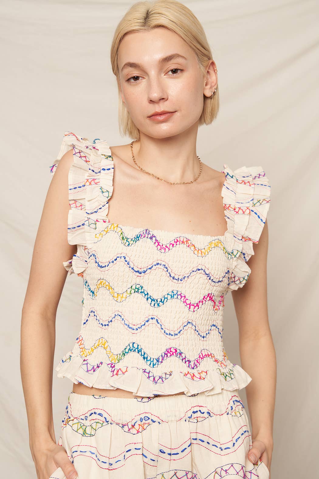 Sleeveless Multicolor Embroidered Smocked Top