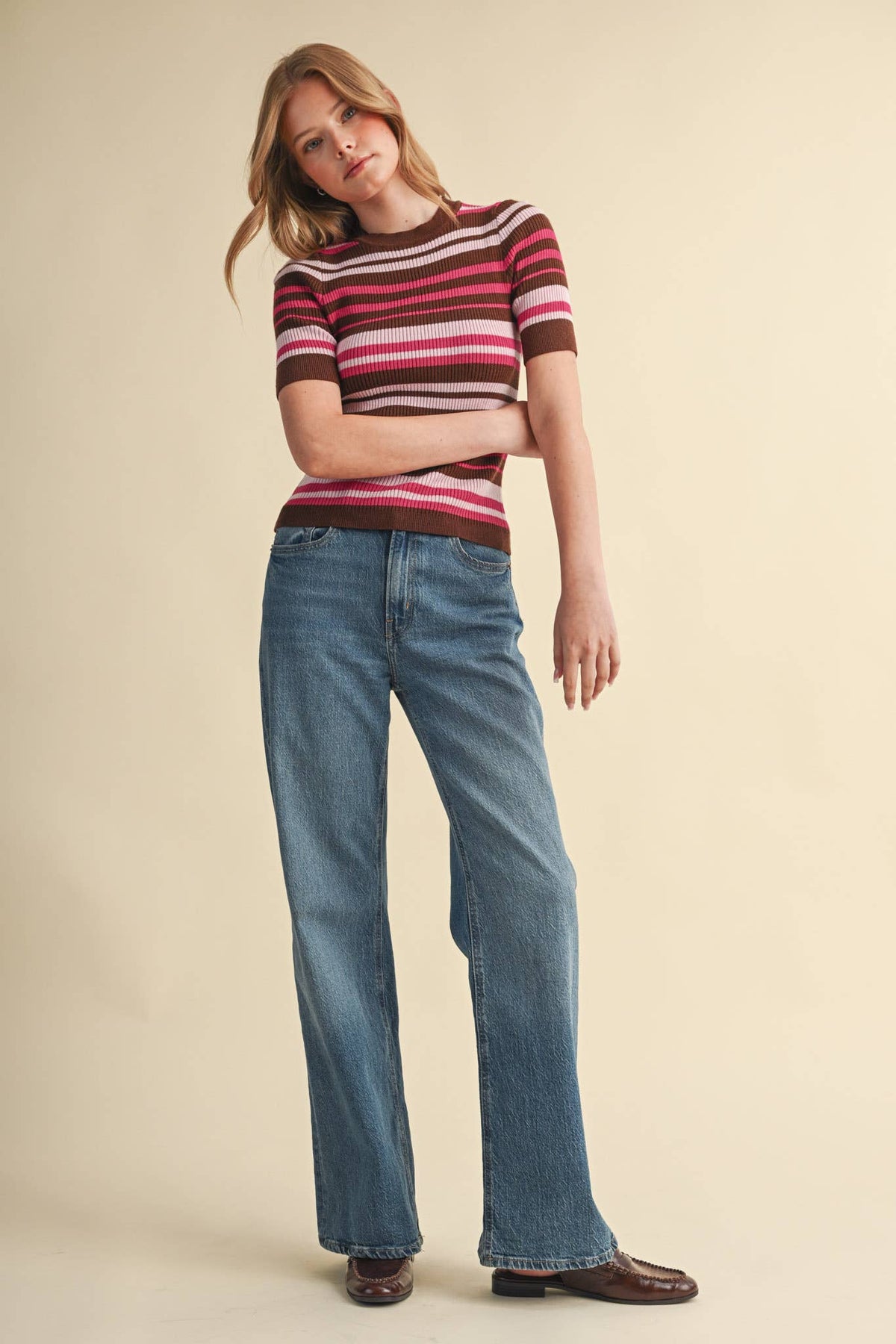 Ribbed Short Sleeve Striped Sweater
