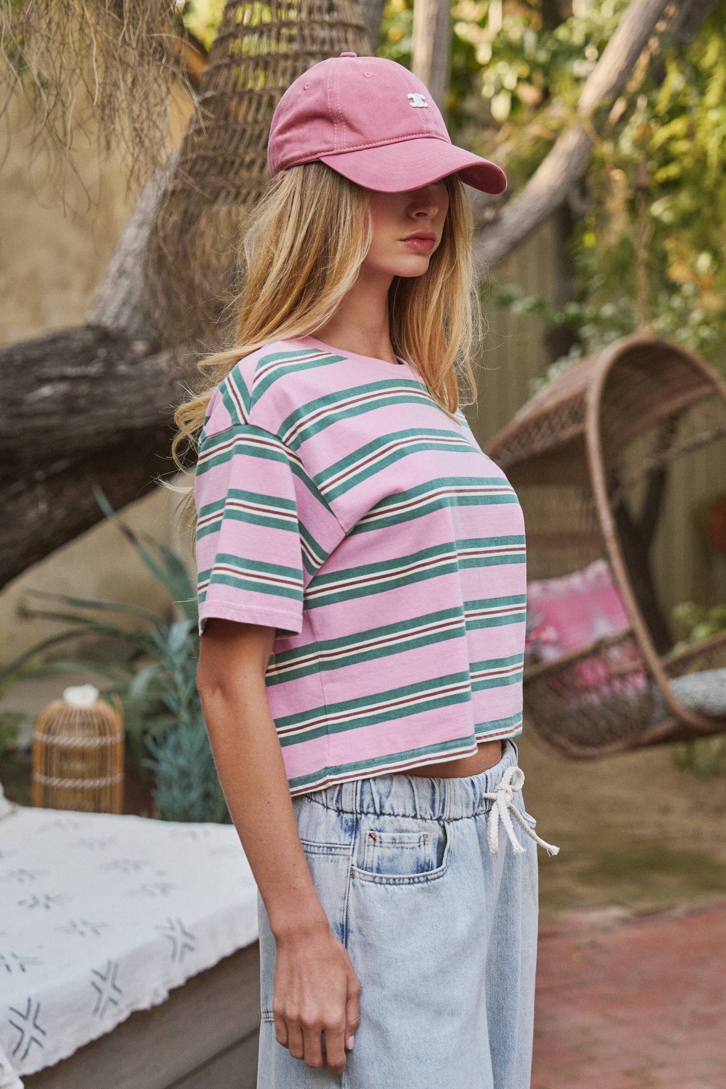 Vintage Washed Striped Cotton Crop Tee