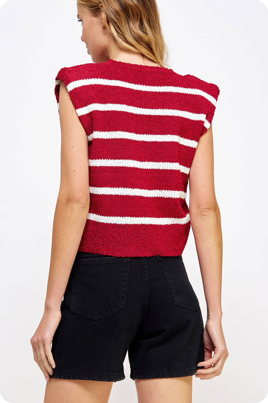 Shoulder Pad Sleeveless Textured Striped Knit Top