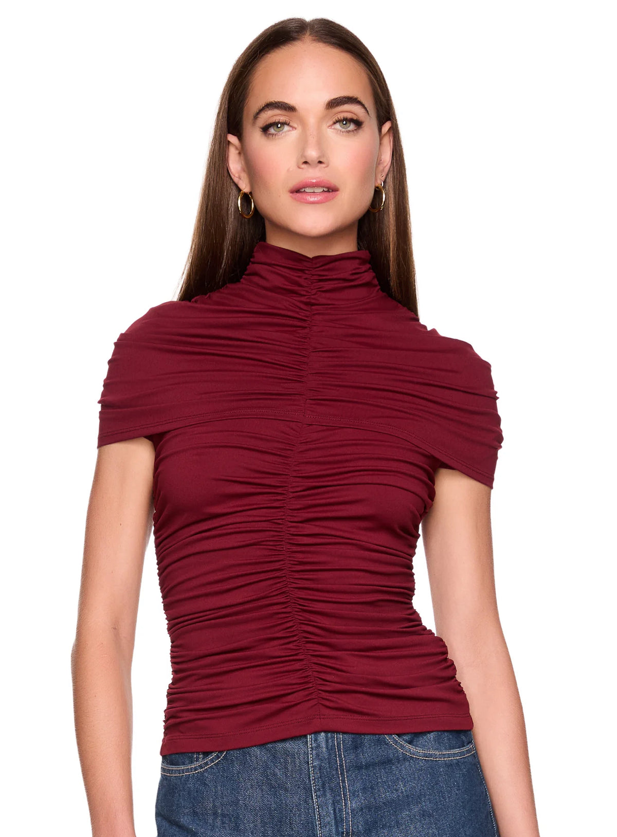 Mock Neck Overlay Gathered Top in Oxblood
